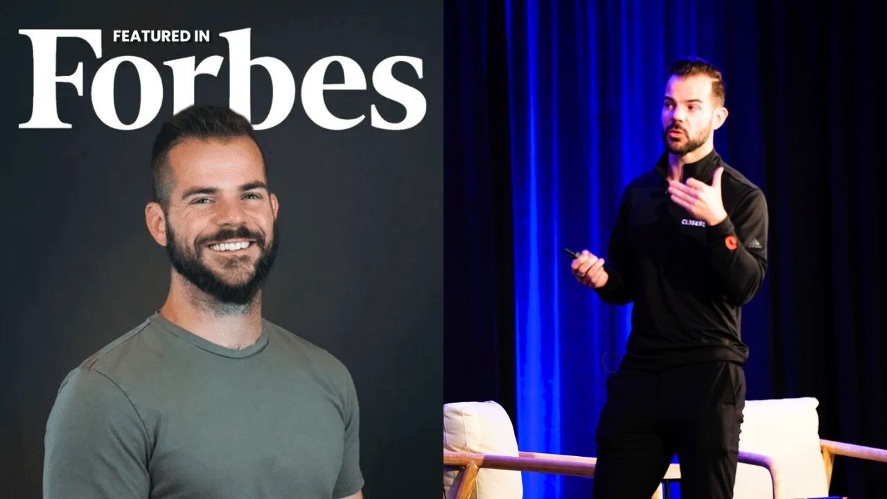 Split image: Left, a smiling man in front of a "Featured in Forbes" sign; right, the same man gives a presentation on stage with a blue curtain background.
